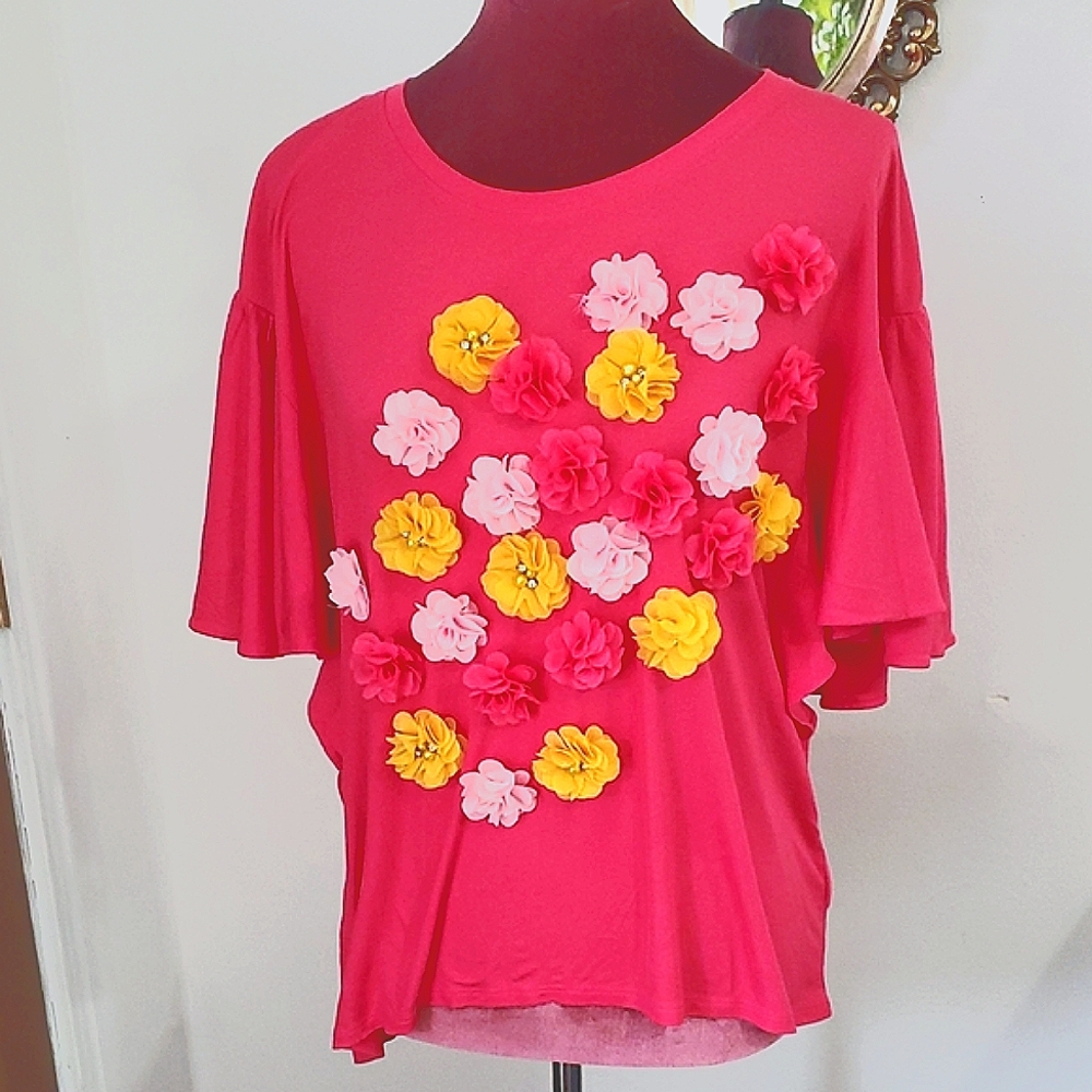 Gap Hot Pink 3D Flowers and Jewels Women's Top Size M